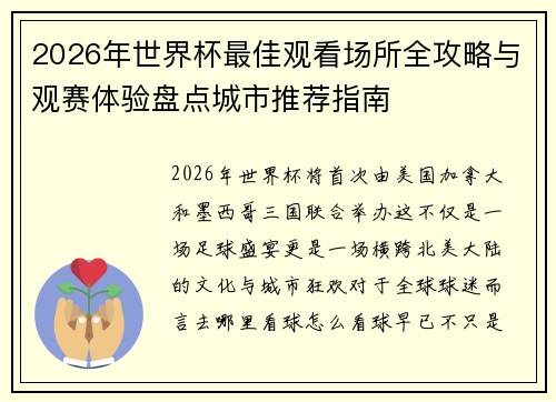 2026年世界杯最佳观看场所全攻略与观赛体验盘点城市推荐指南
