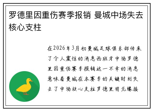 罗德里因重伤赛季报销 曼城中场失去核心支柱 罗德里因重伤赛季报销 曼城中场失去核心支柱
