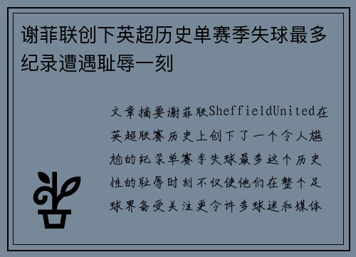 谢菲联创下英超历史单赛季失球最多纪录遭遇耻辱一刻 谢菲联创下英超历史单赛季失球最多纪录遭遇耻辱一刻